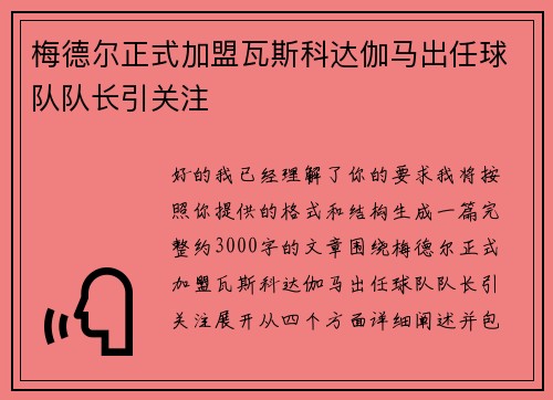 梅德尔正式加盟瓦斯科达伽马出任球队队长引关注