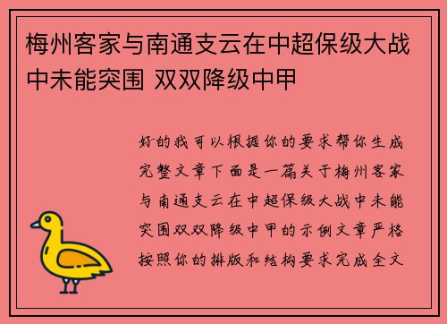 梅州客家与南通支云在中超保级大战中未能突围 双双降级中甲